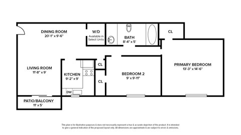 Floor plan for 2 beds, 1 bath, 950 sqft